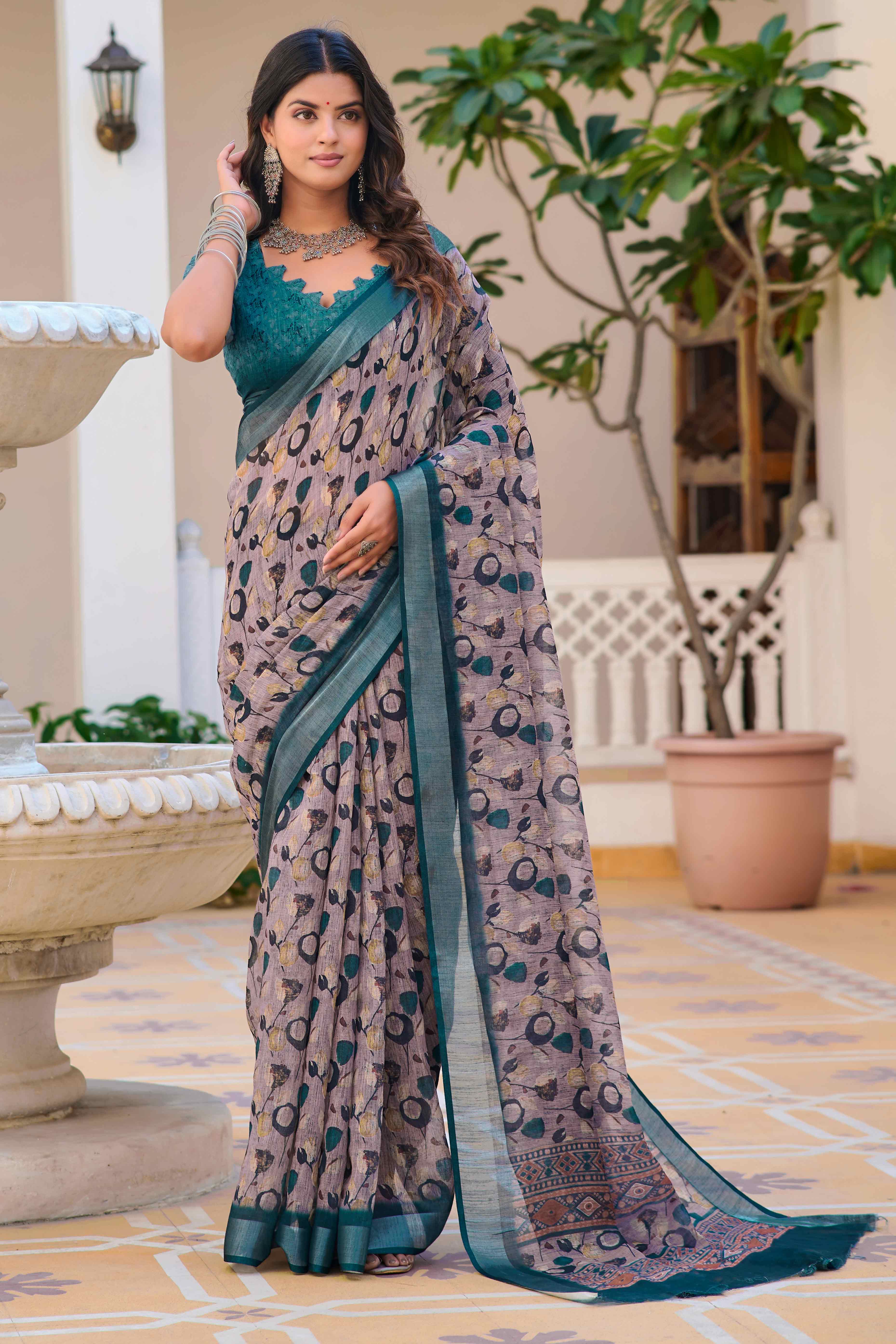 Grey Floral Printed Linen Saree