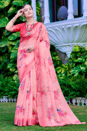 Peach Floral Printed Linen Saree