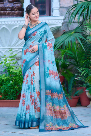 Sky Blue Floral Printed Linen Saree