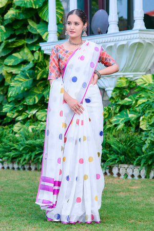White Polka Dot Printed Linen Saree