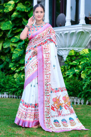 White & Pink Floral Printed Linen Saree