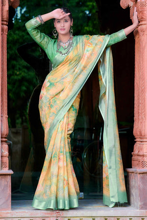 Yellow Floral Printed Linen Saree