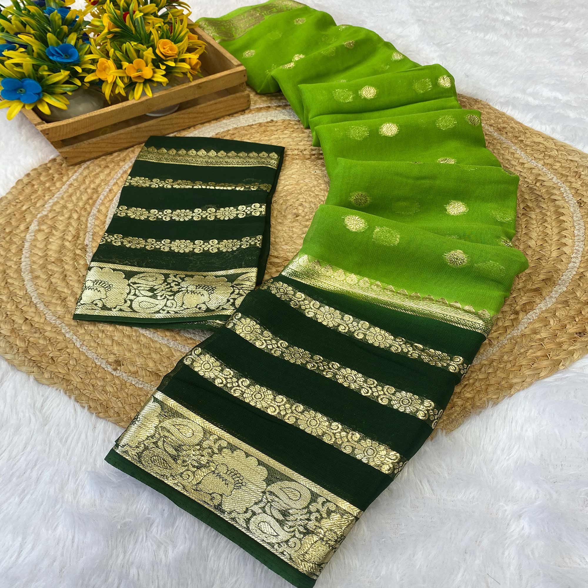 Green Saree In Pure Viscose Featuring Intricate Floral Zari Weaving