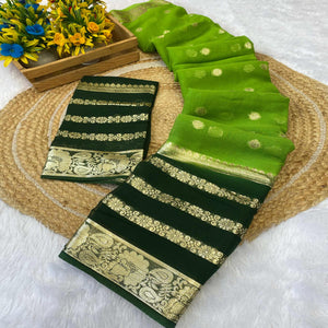 Green Saree In Pure Viscose Featuring Intricate Floral Zari Weaving