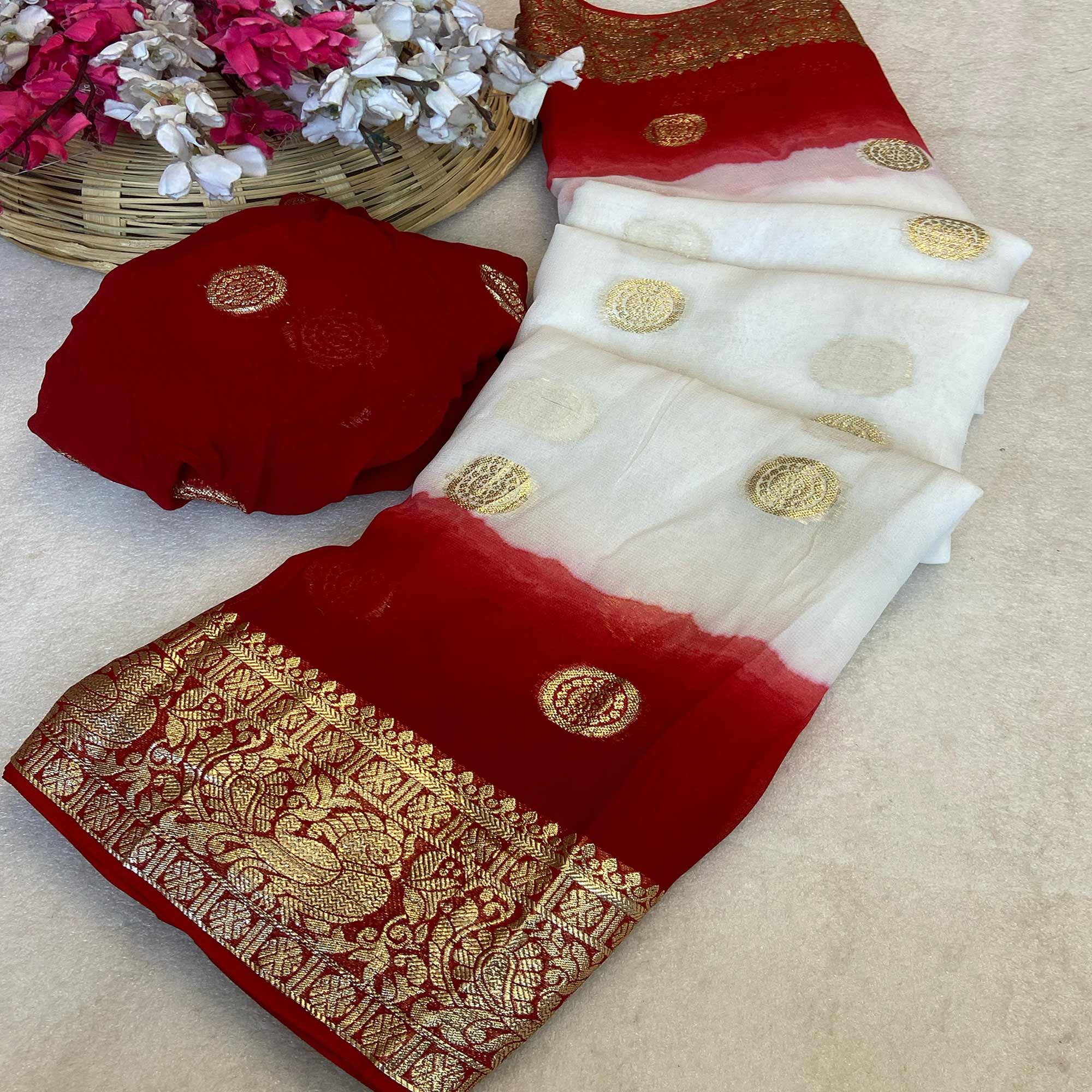 White & Dark Red Zari Weaving Pure Viscose Saree