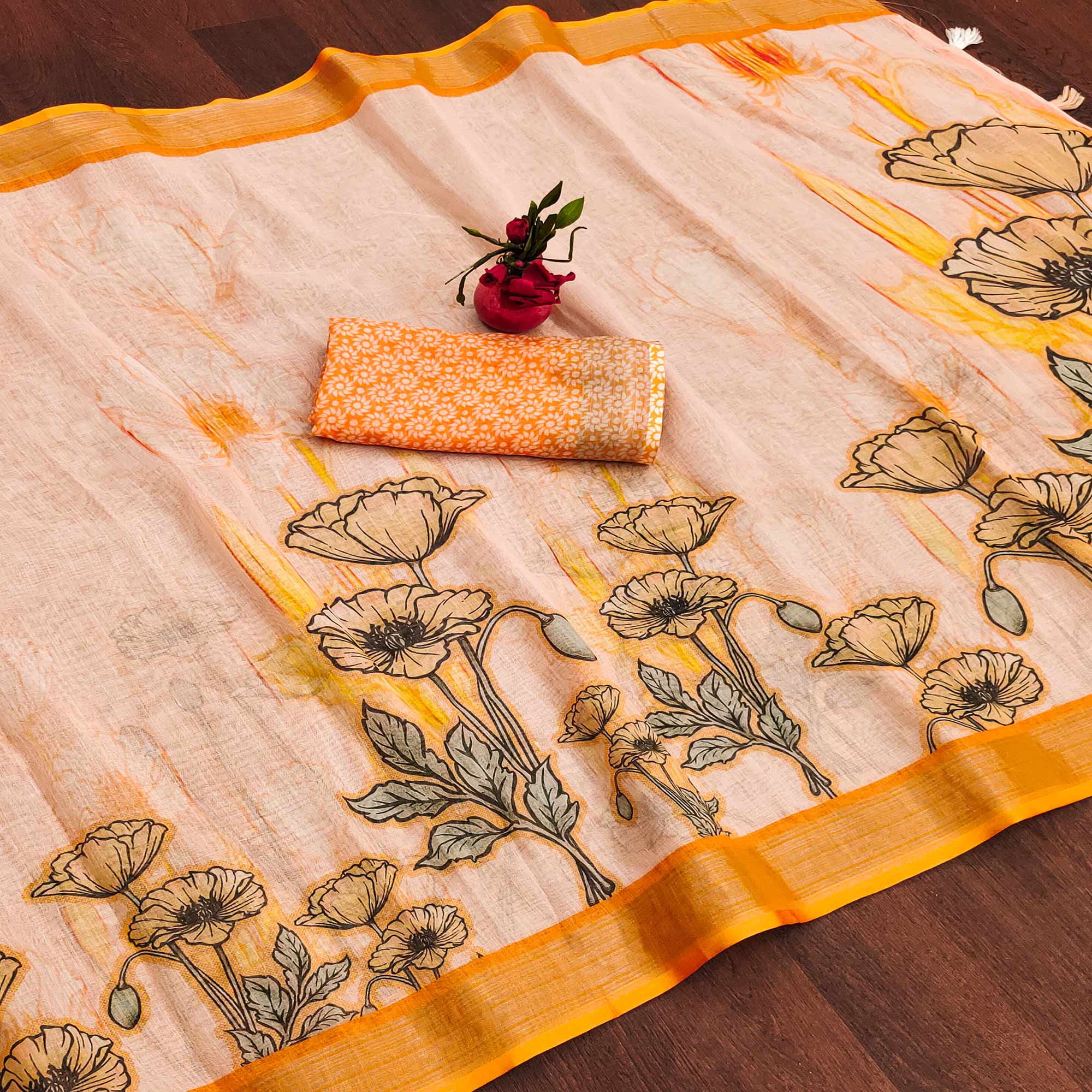 Yellow Printed Linen Saree