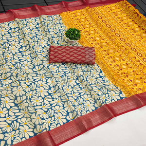 Blue & White Printed Linen Saree