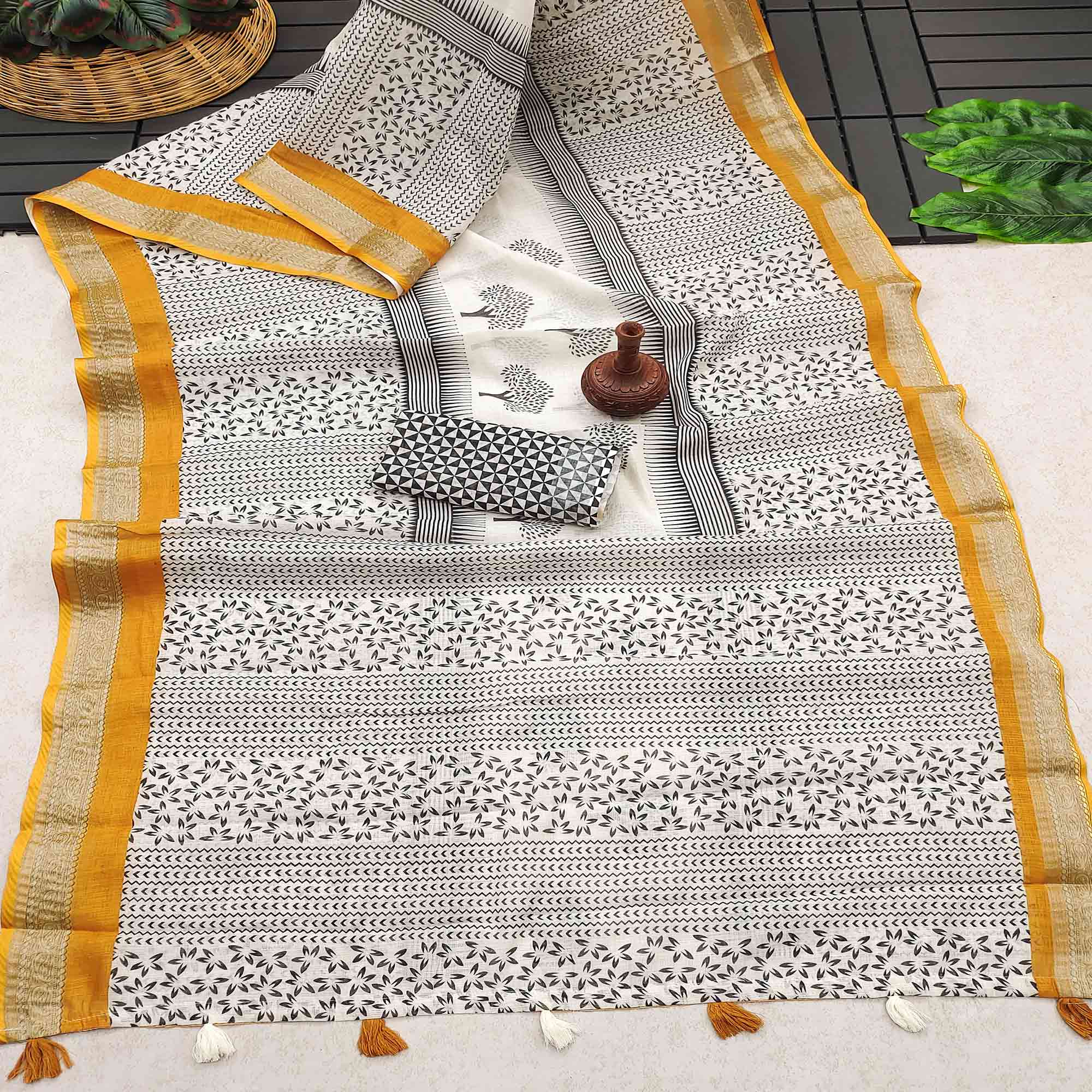 White Digital Print Linen Saree