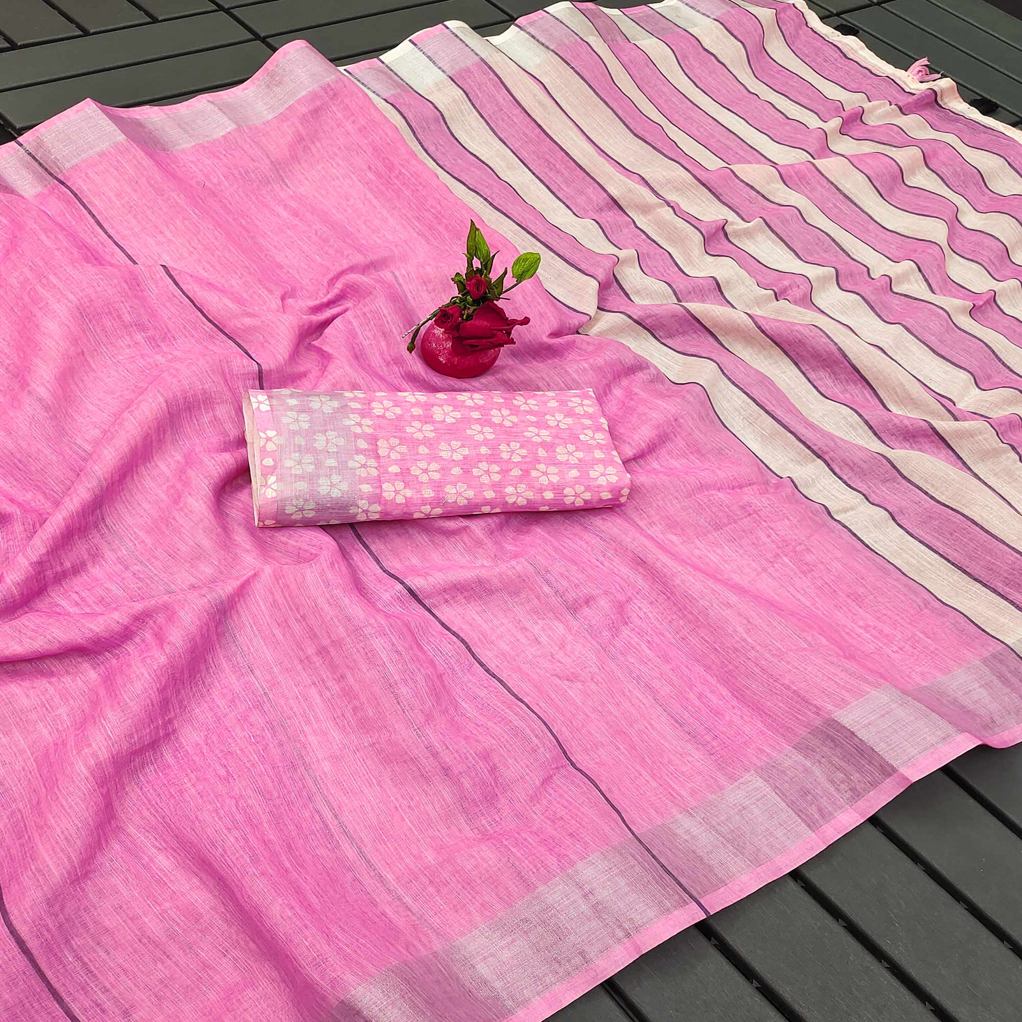 Pink Digital Print Linen Saree