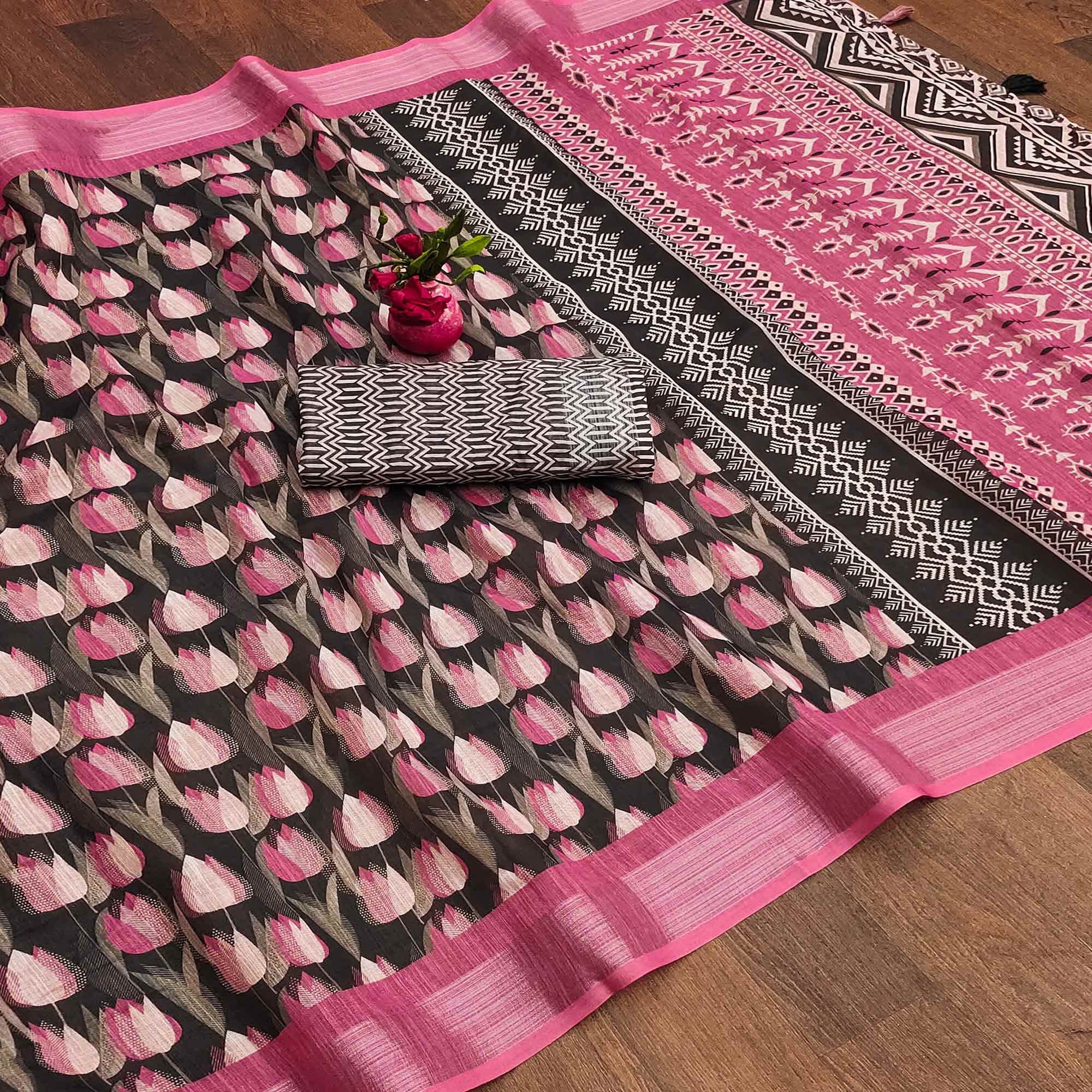 Black & Pink Printed Linen Saree