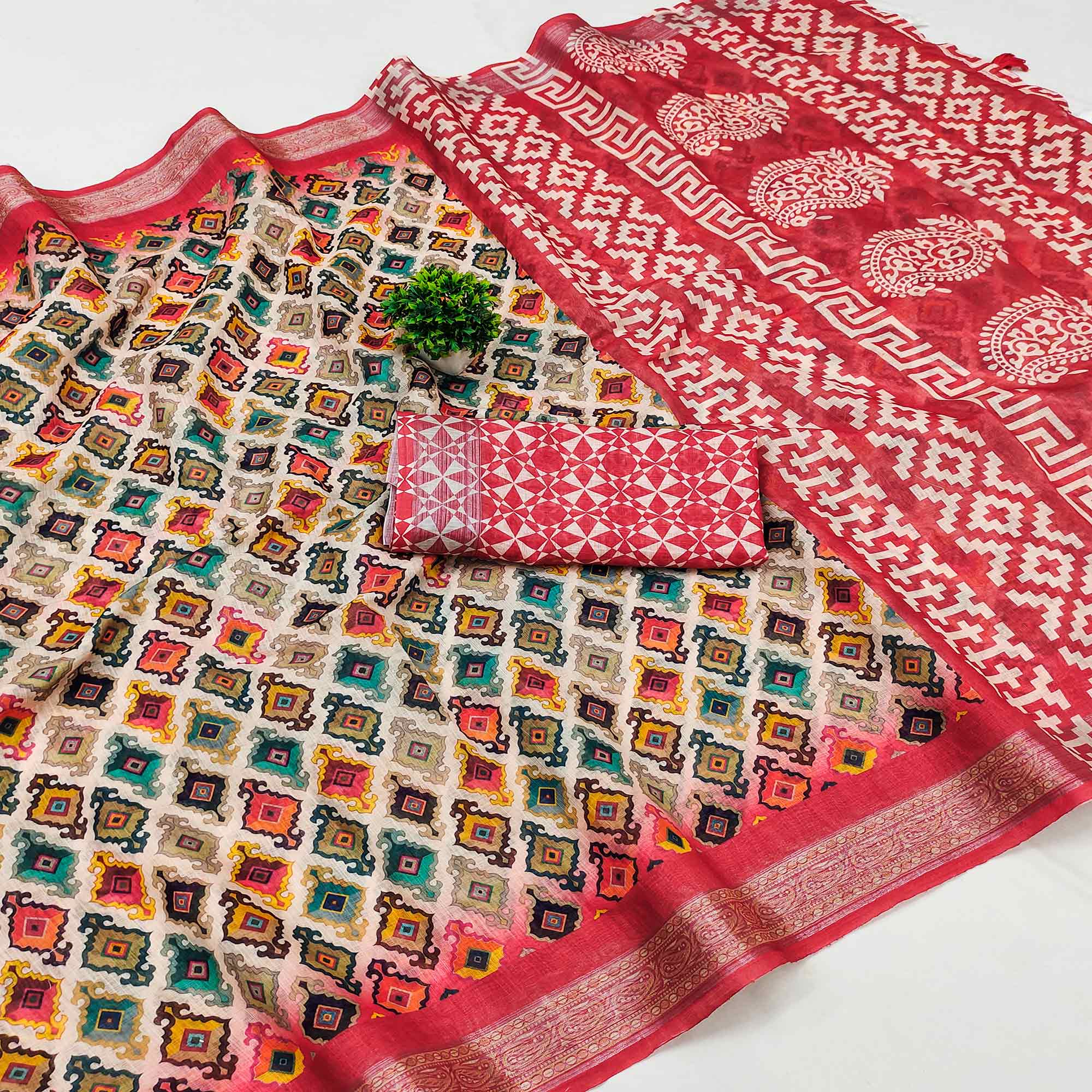 Red Printed Linen Saree