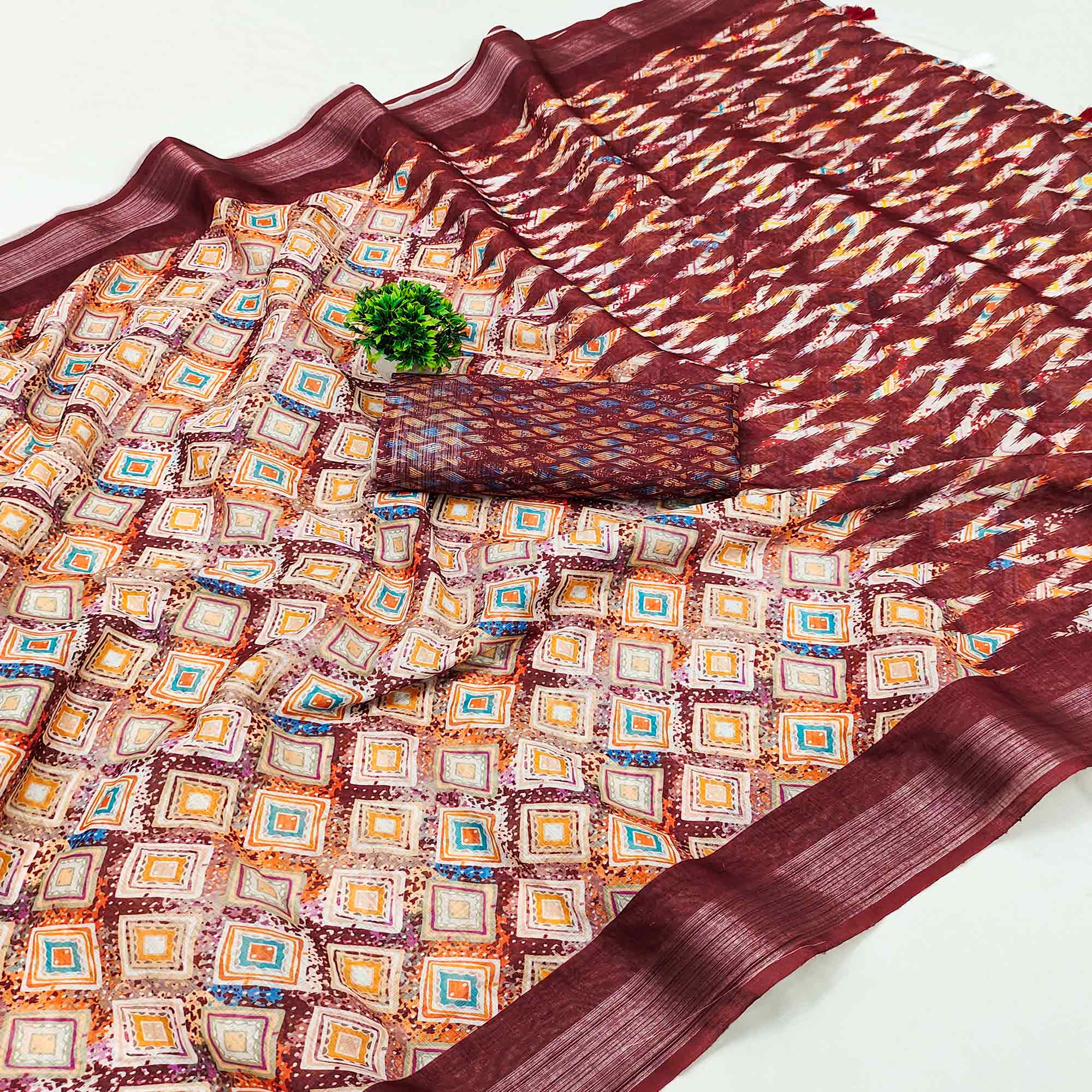 Maroon Printed Linen Saree