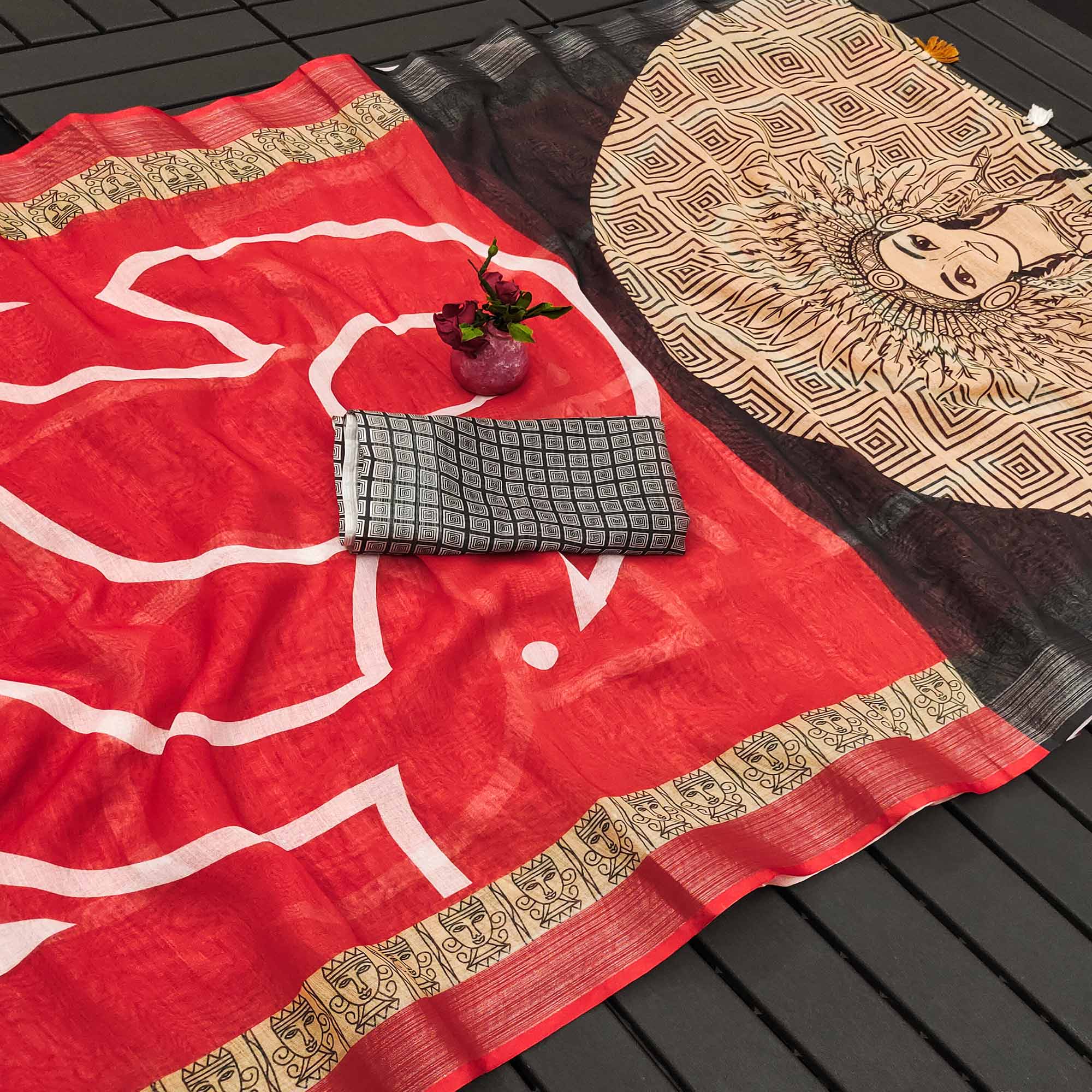 Red Printed Linen Saree