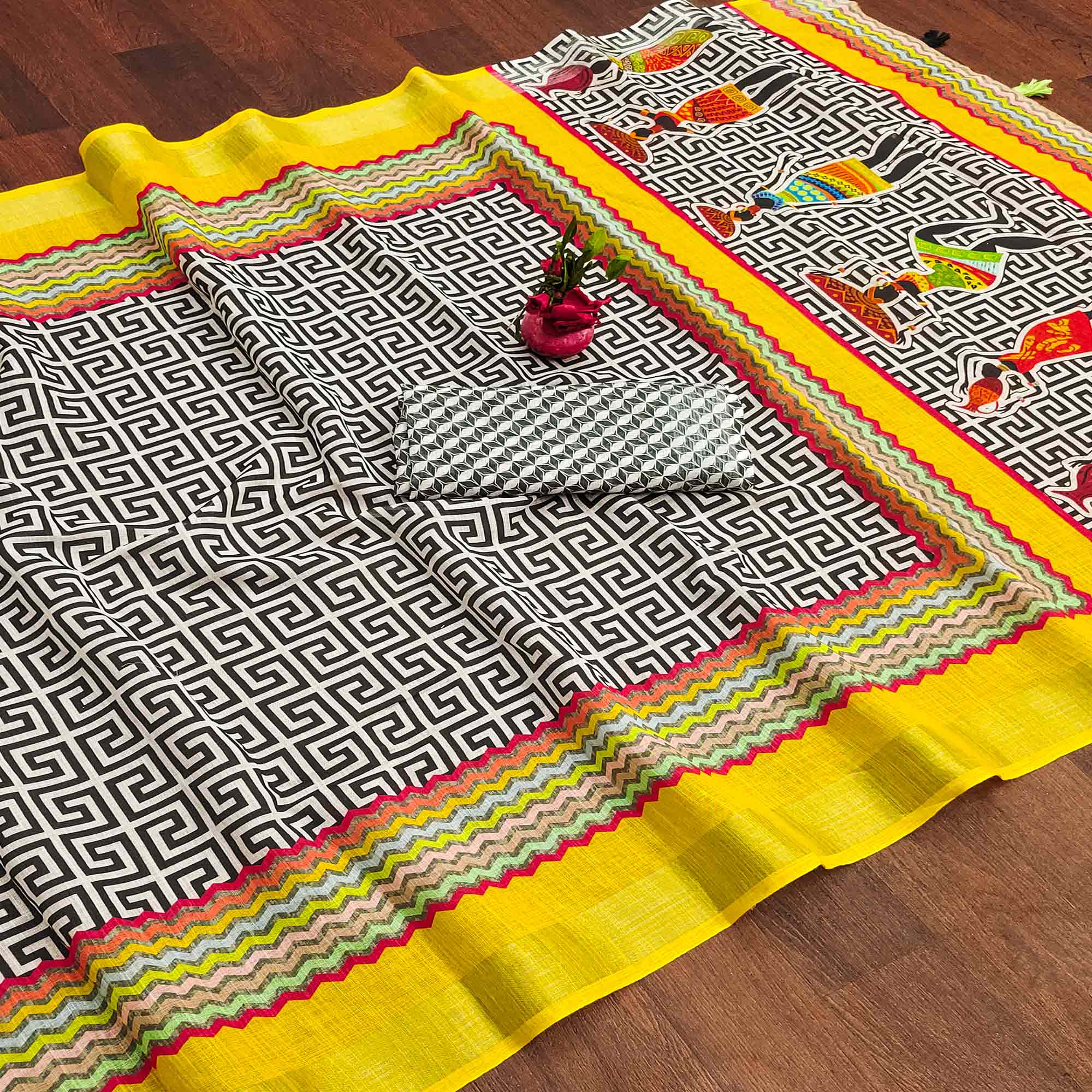 White & Yellow Printed Linen Saree