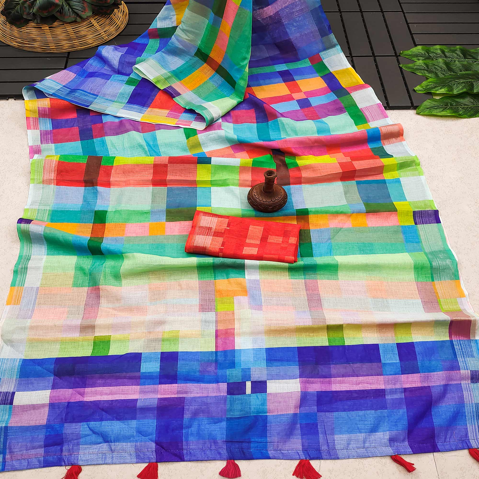 Multicolor Printed Linen Saree