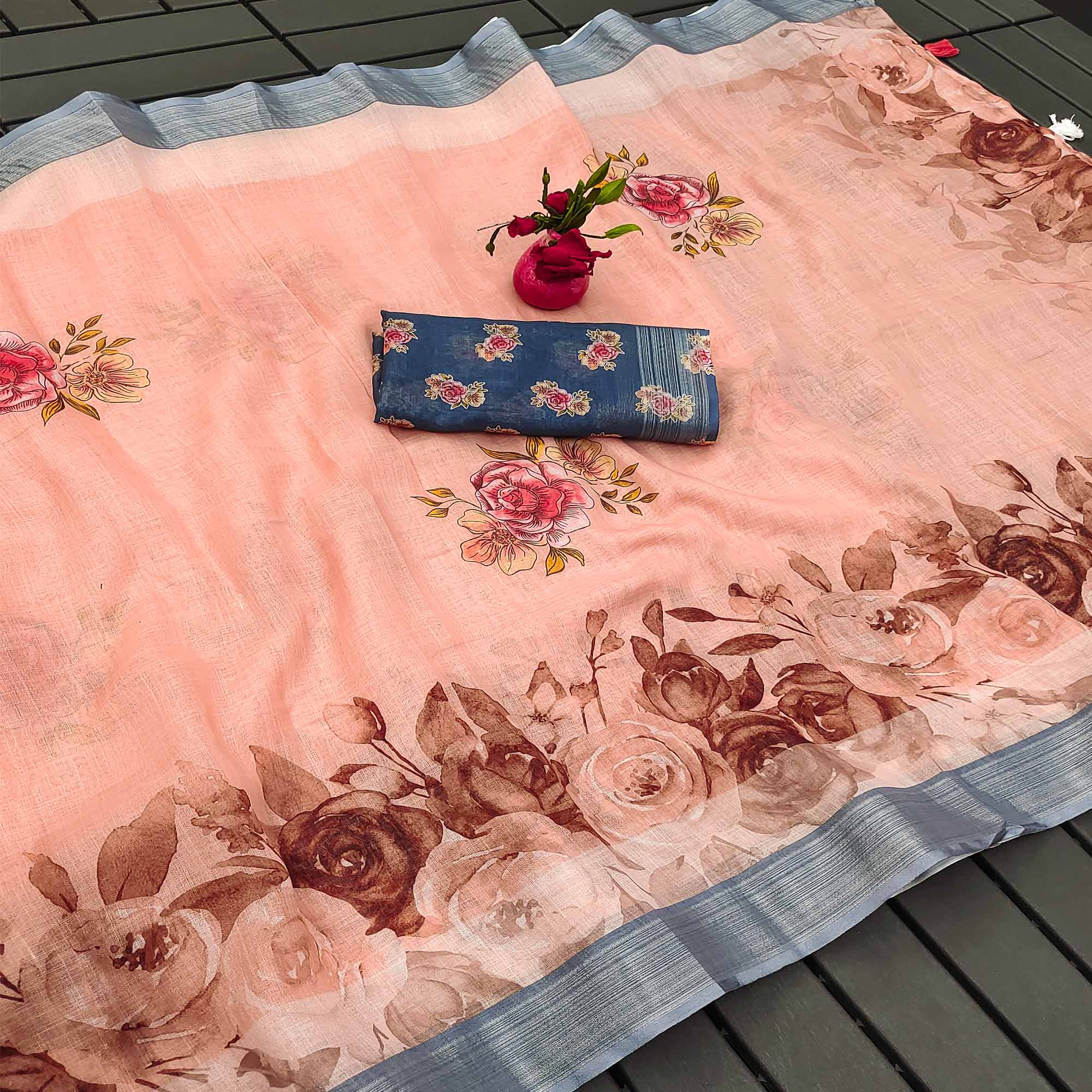 Peach Printed Linen Saree