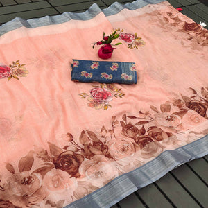 Peach Printed Linen Saree