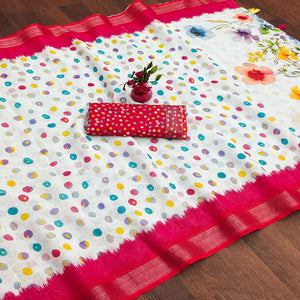 White Printed Linen Saree