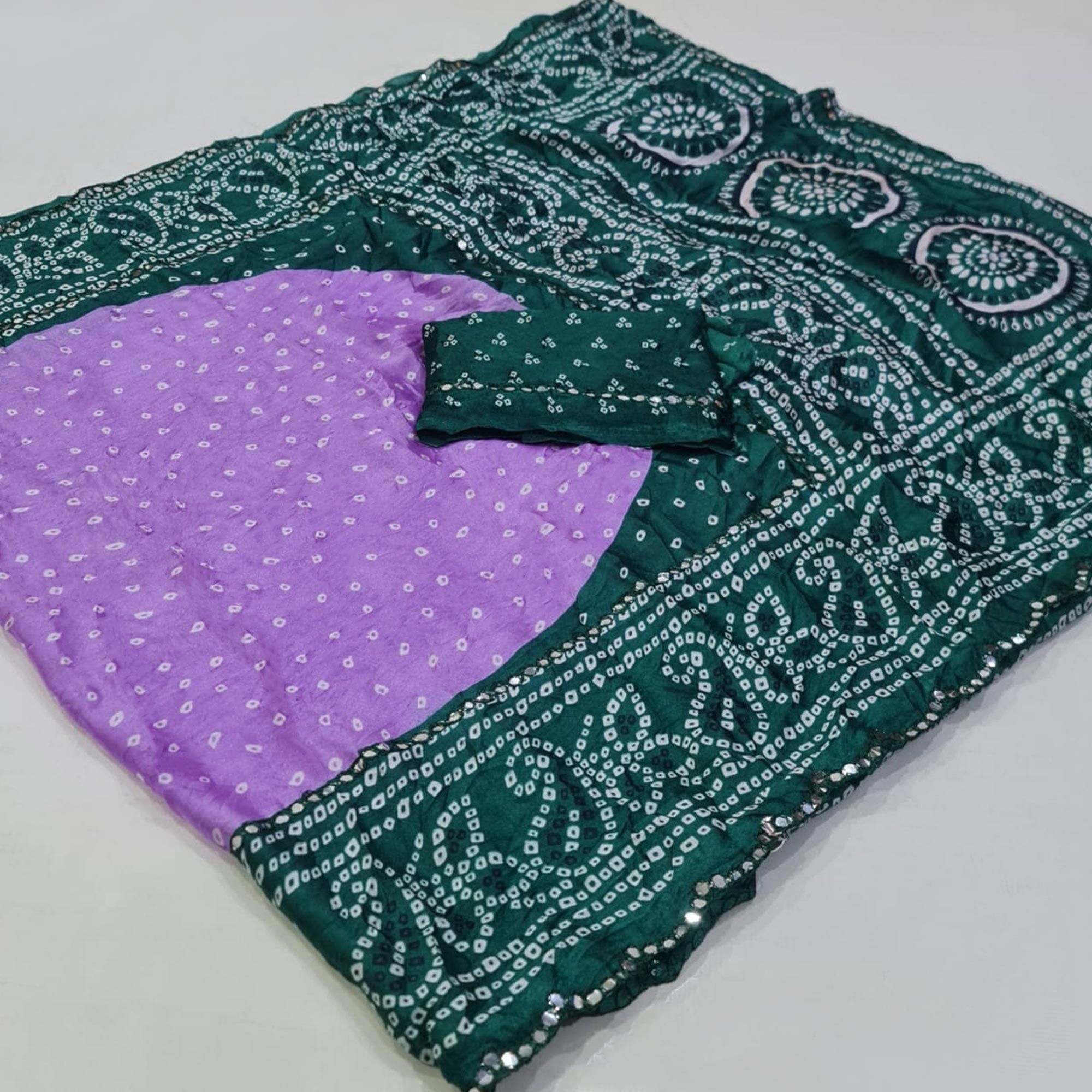 Lavender & Green Bandhani Printed Chiffon Saree