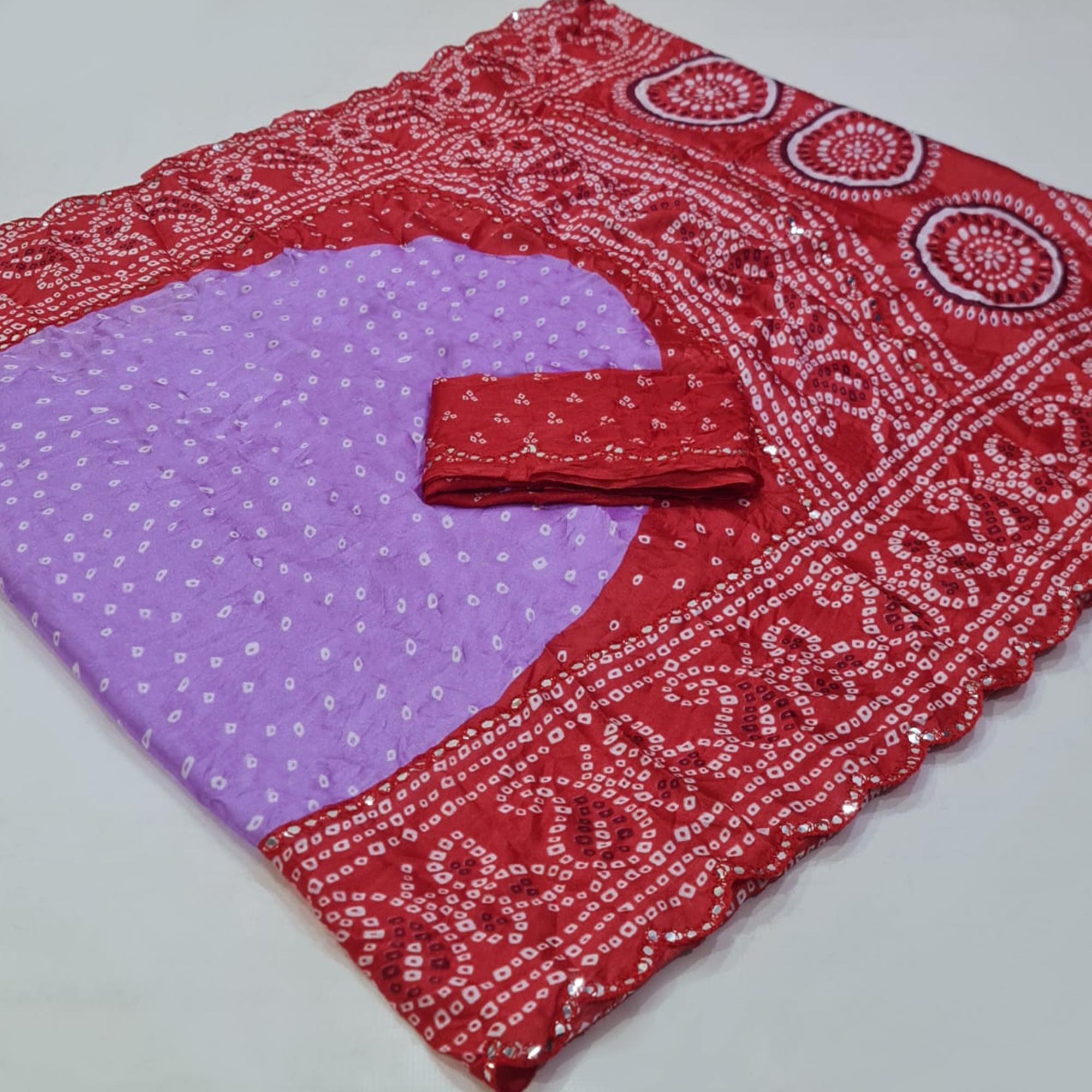 Lavender & Red Bandhani Printed Chiffon Saree