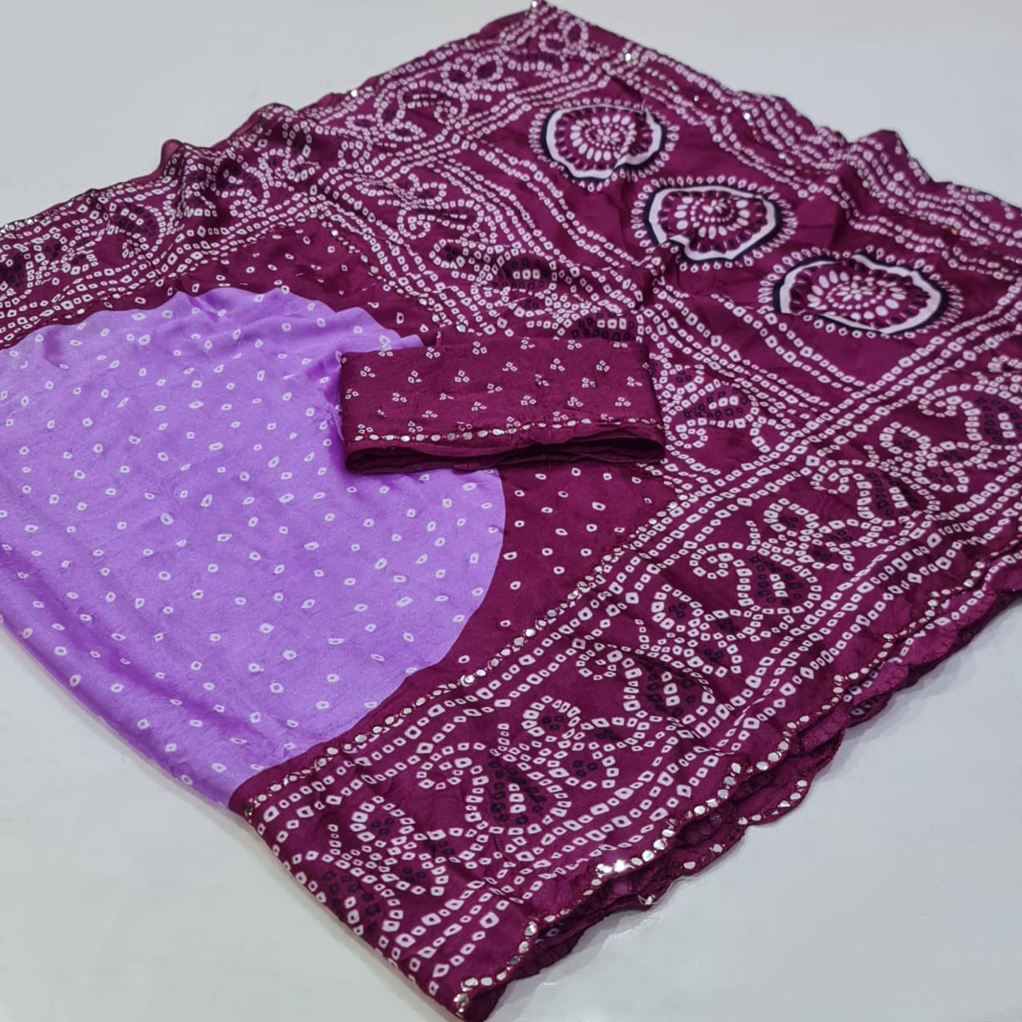 Lavender & Wine Bandhani Printed Chiffon Saree