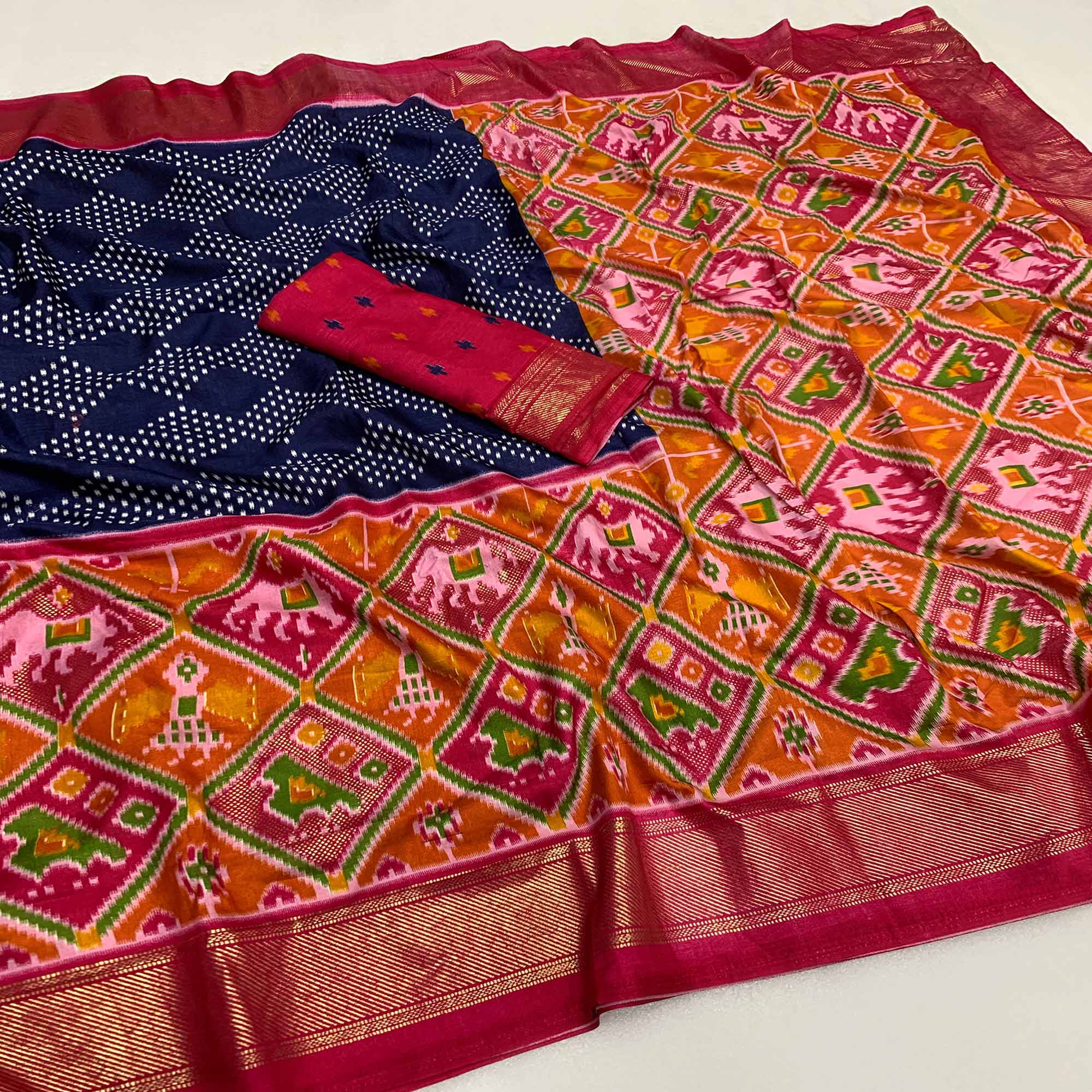 Blue & Pink Patola Printed Dola Silk Saree
