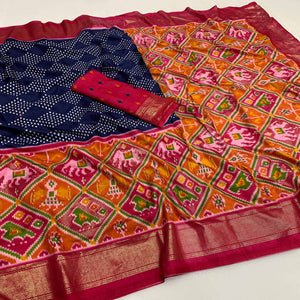 Blue & Pink Patola Printed Dola Silk Saree