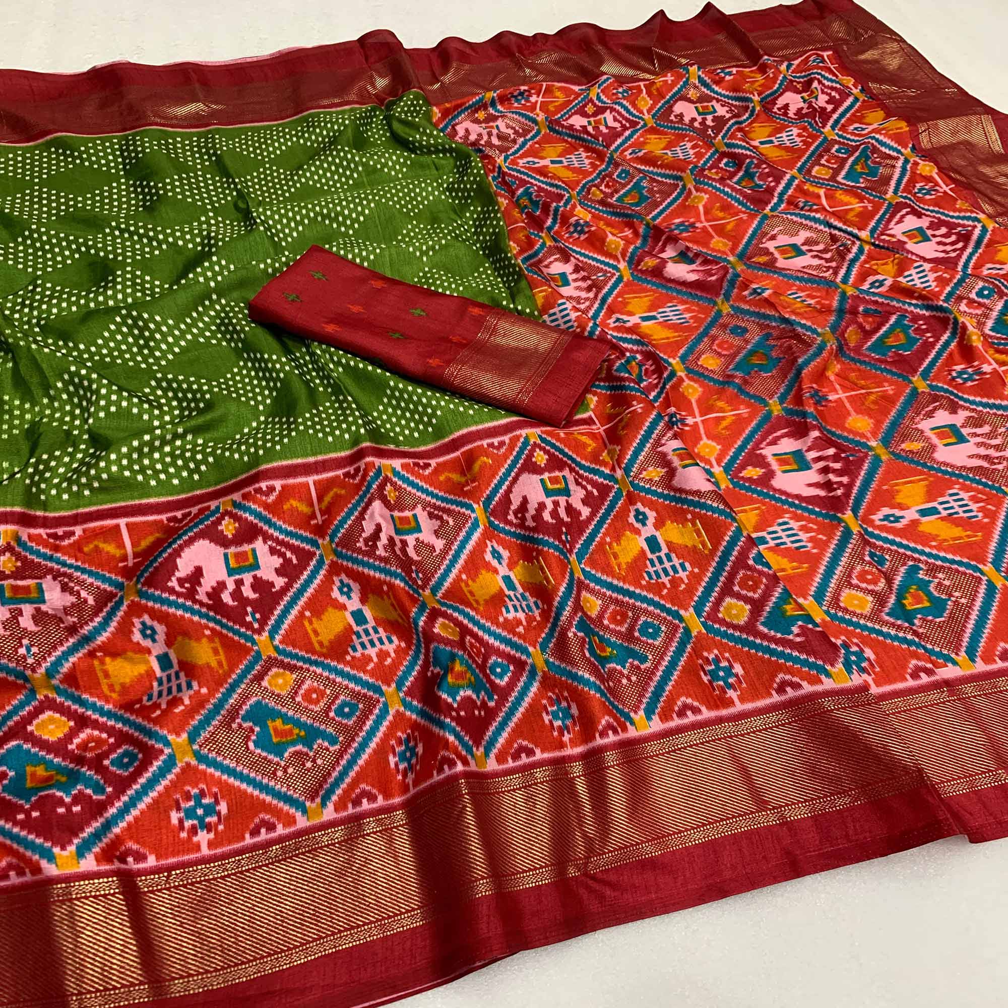 Green & Red Patola Printed Dola Silk Saree