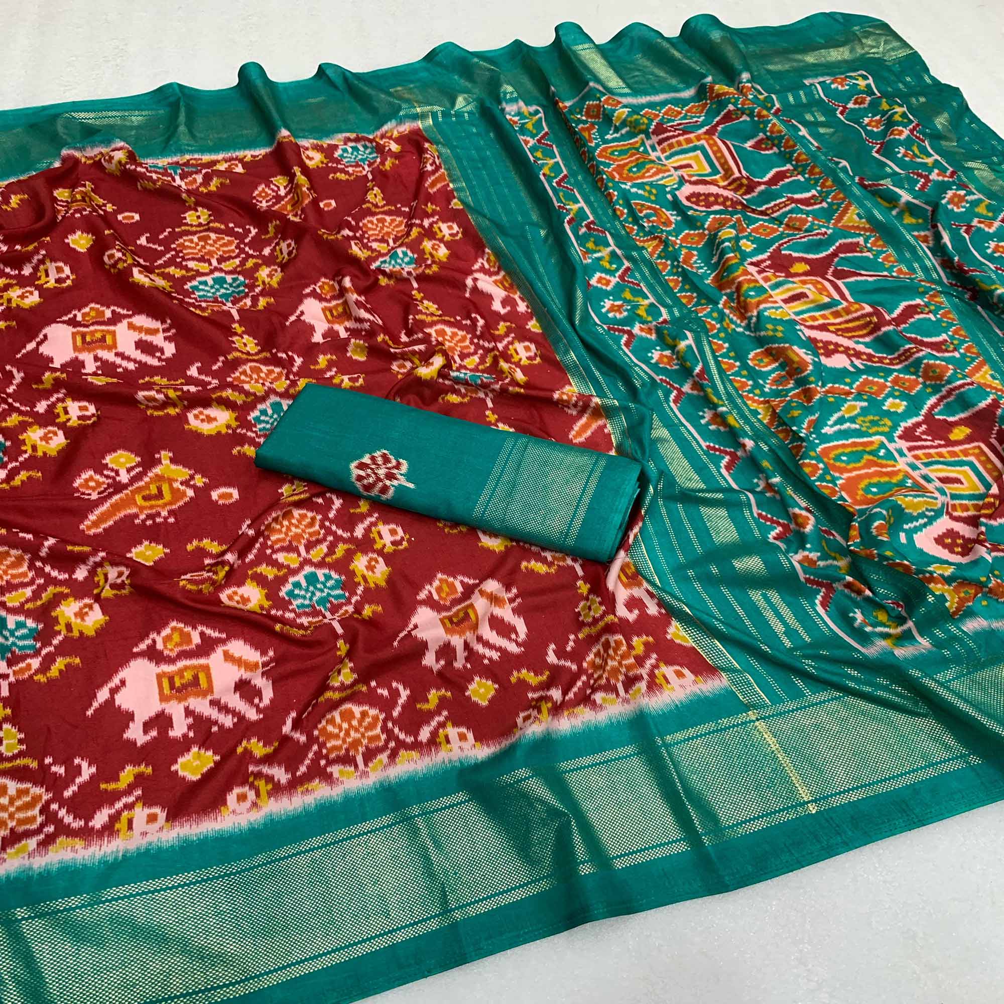 Red & Rama Blue Patola Printed Dola Silk Saree