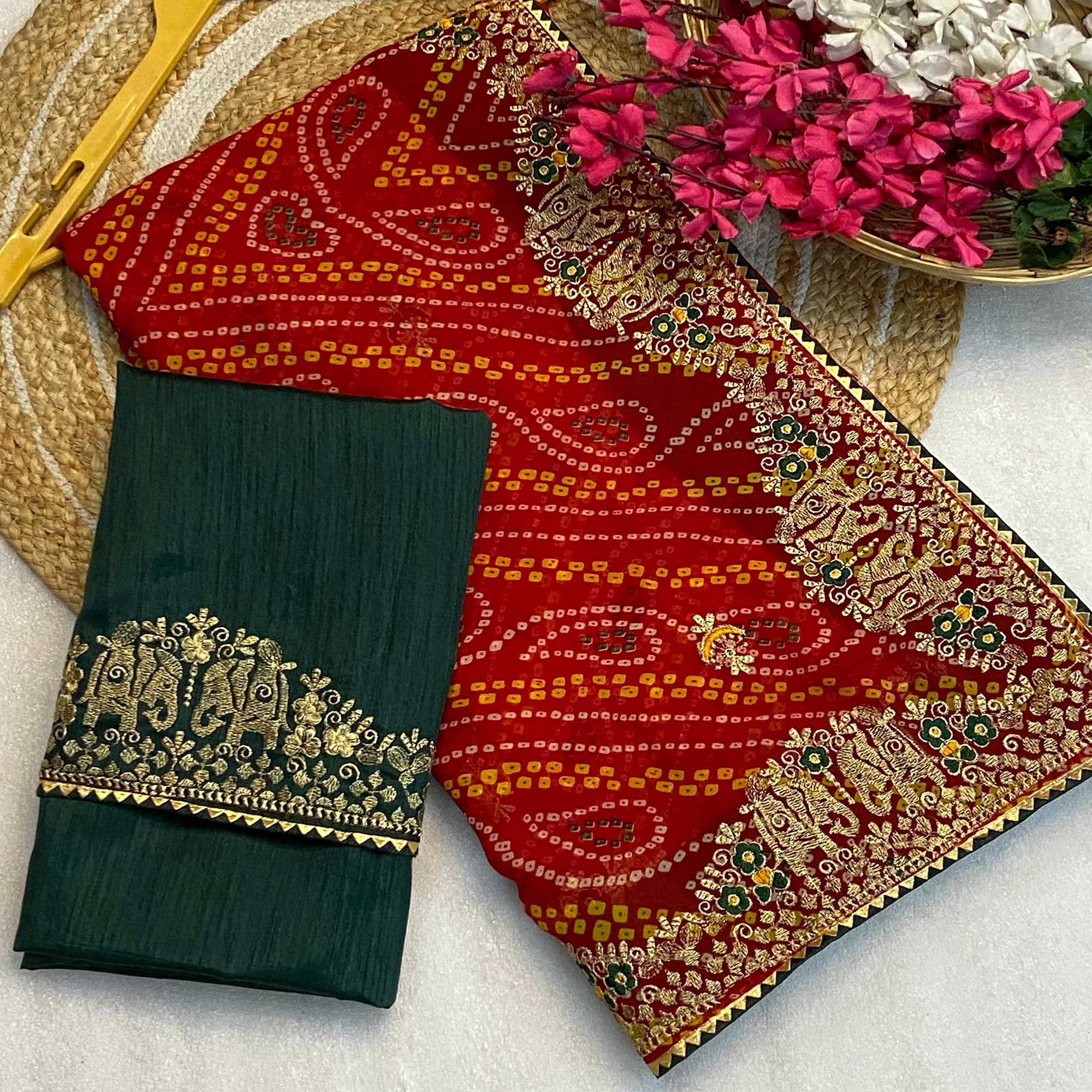 Red Bandhani Printed Georgette Saree With Embroidered Border