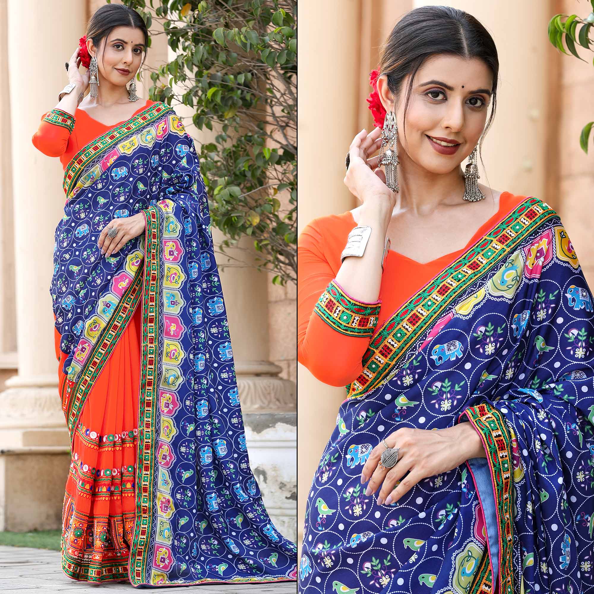 Orange & Blue Patola Print With Embroidered Georgette Half & Half Saree