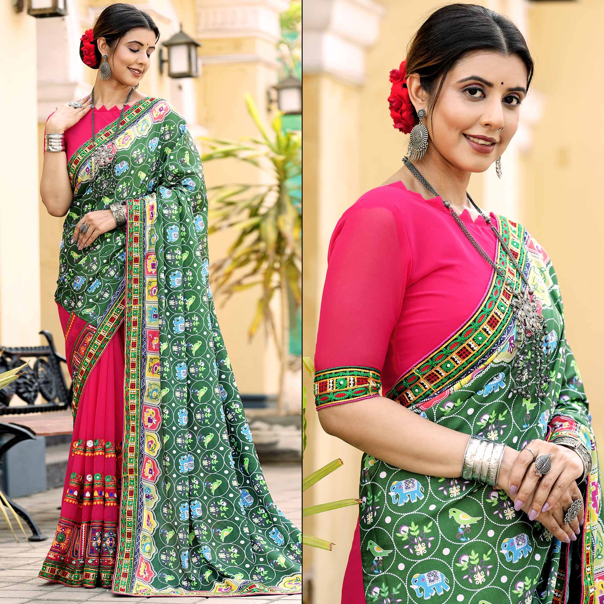 Pink & Green Patola Print With Embroidered Georgette Half & Half Saree