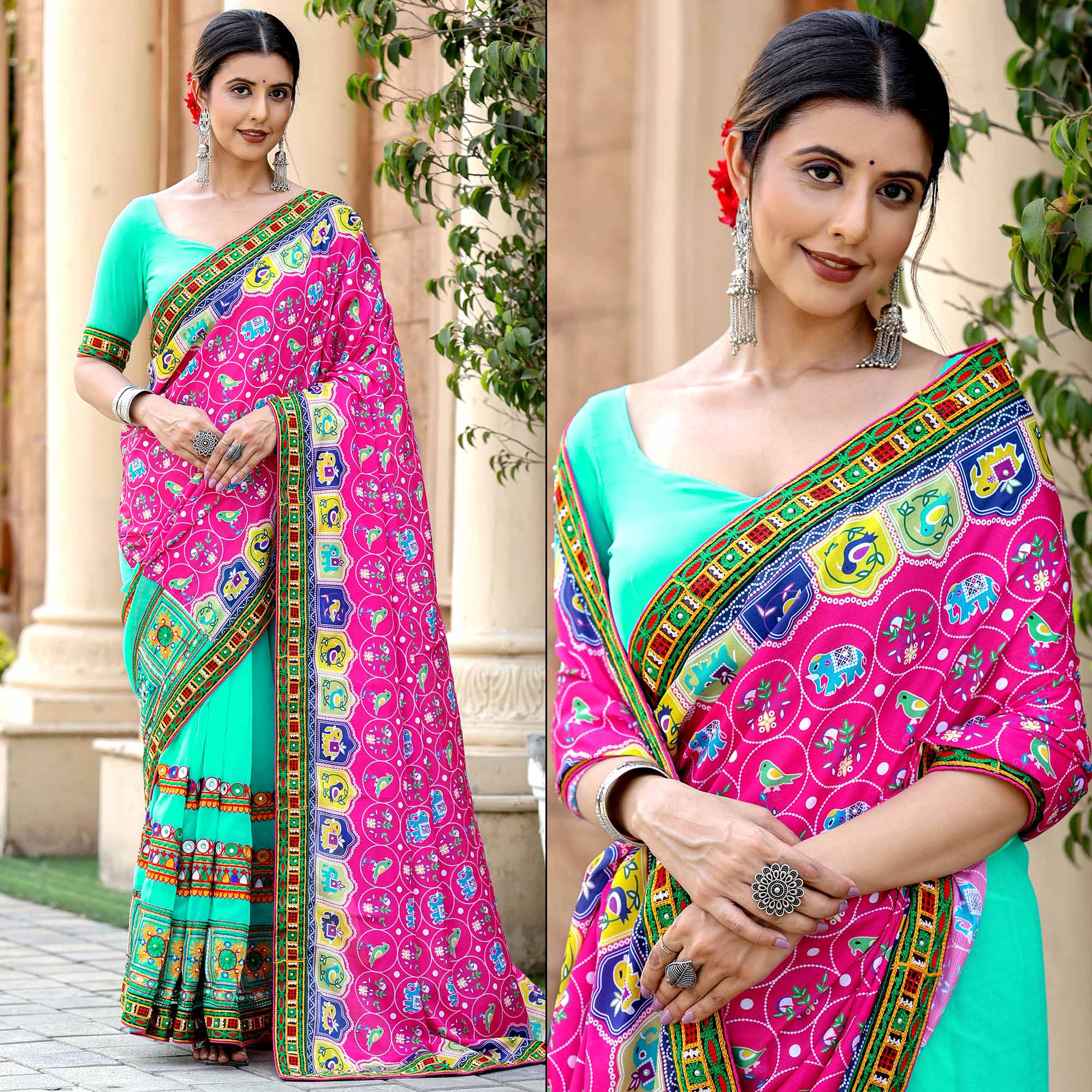 Turquoise & Pink Patola Print With Embroidered Georgette Half & Half Saree