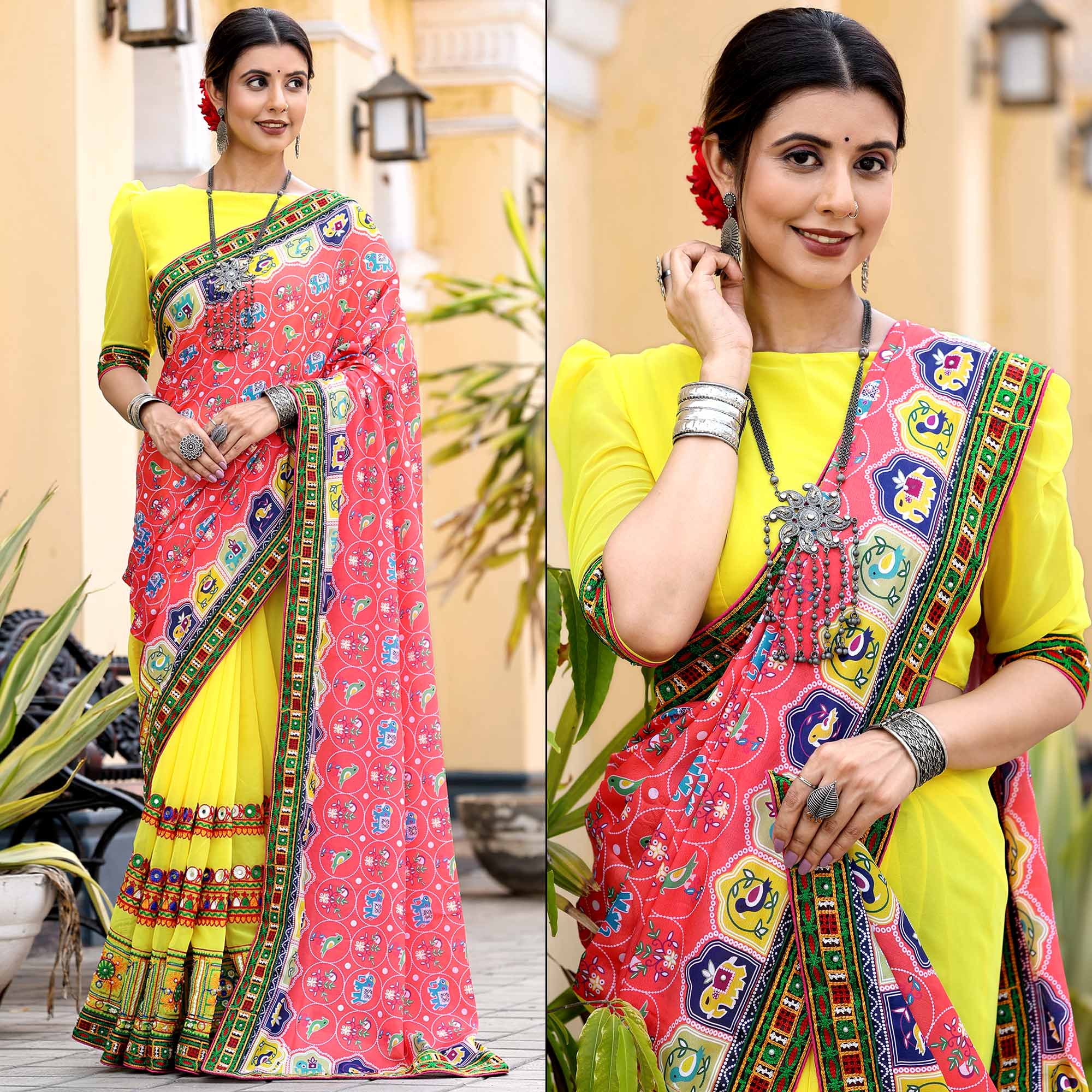 Yellow & Pink Patola Print With Embroidered Georgette Half & Half Saree