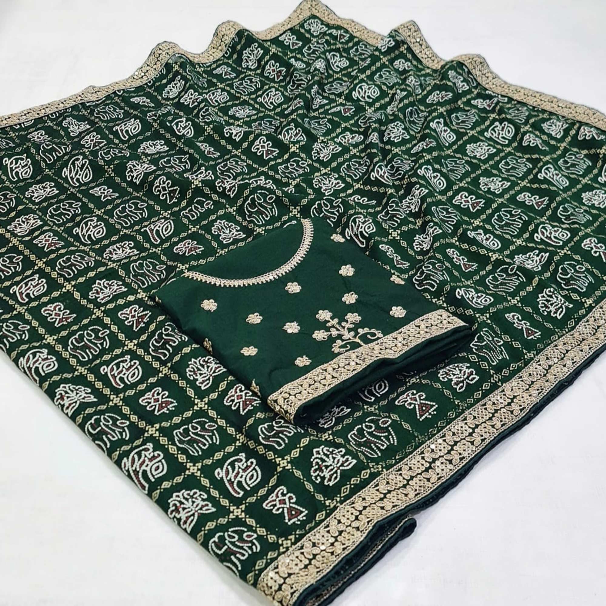 Green Bandhani Printed Vichitra Silk Saree