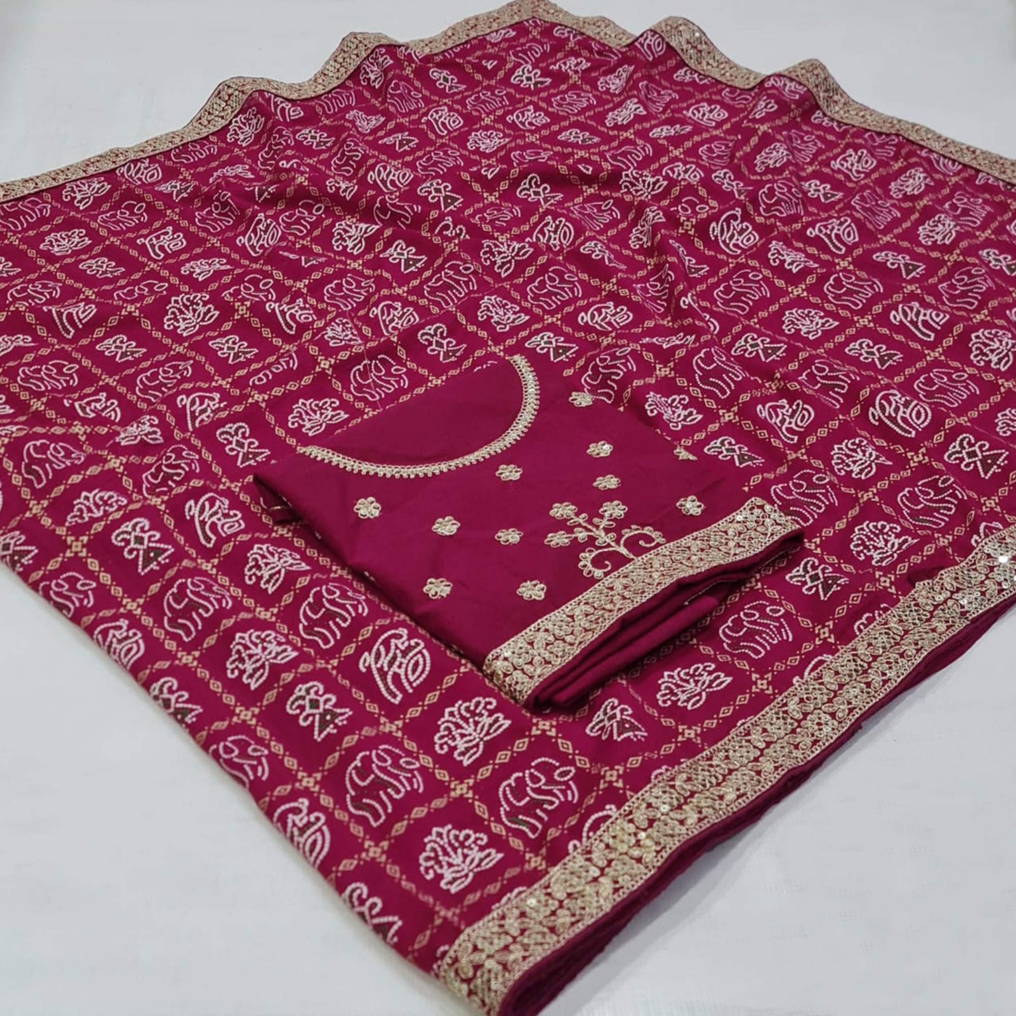 Pink Bandhani Printed Vichitra Silk Saree