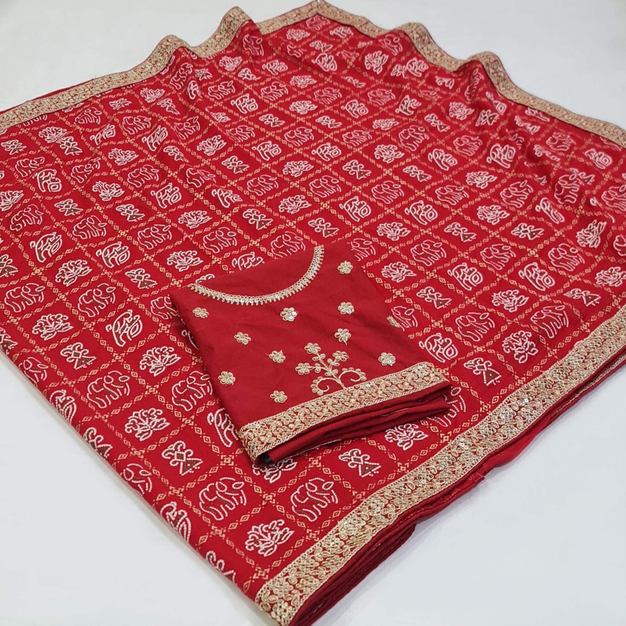 Red Bandhani Printed Vichitra Silk Saree