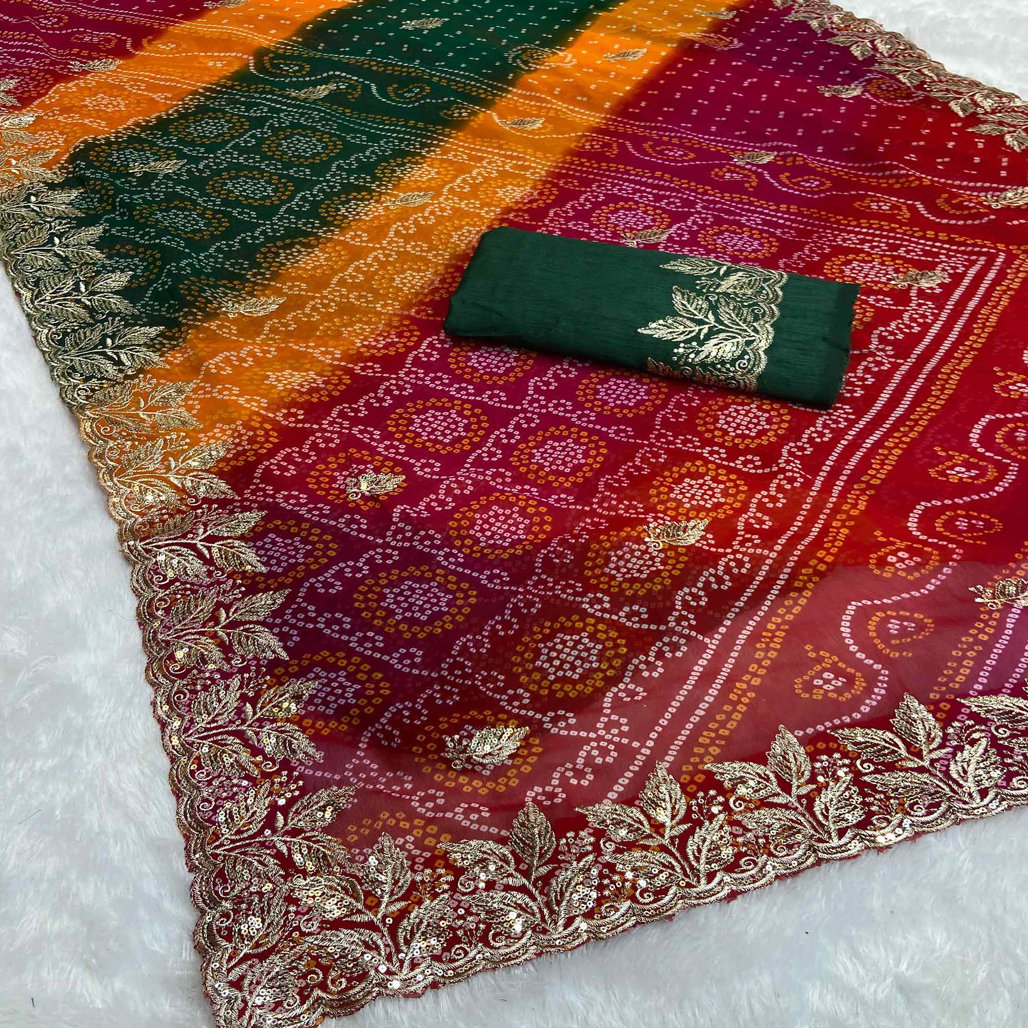 Multicolor Bandhani Georgette Saree Enhanced with Lavish Embroidered Border