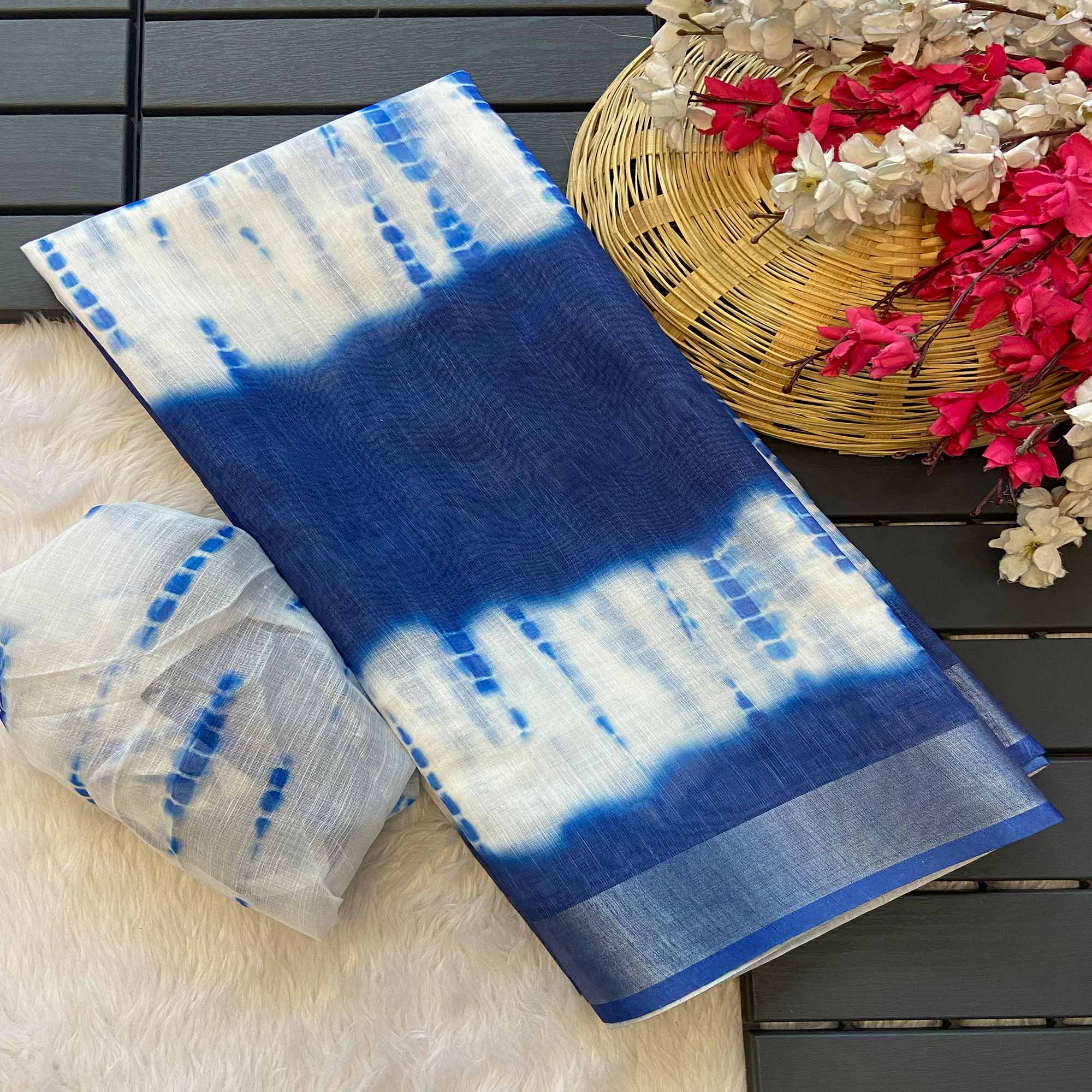 Blue Saburi Printed Linen Saree With Zari Border