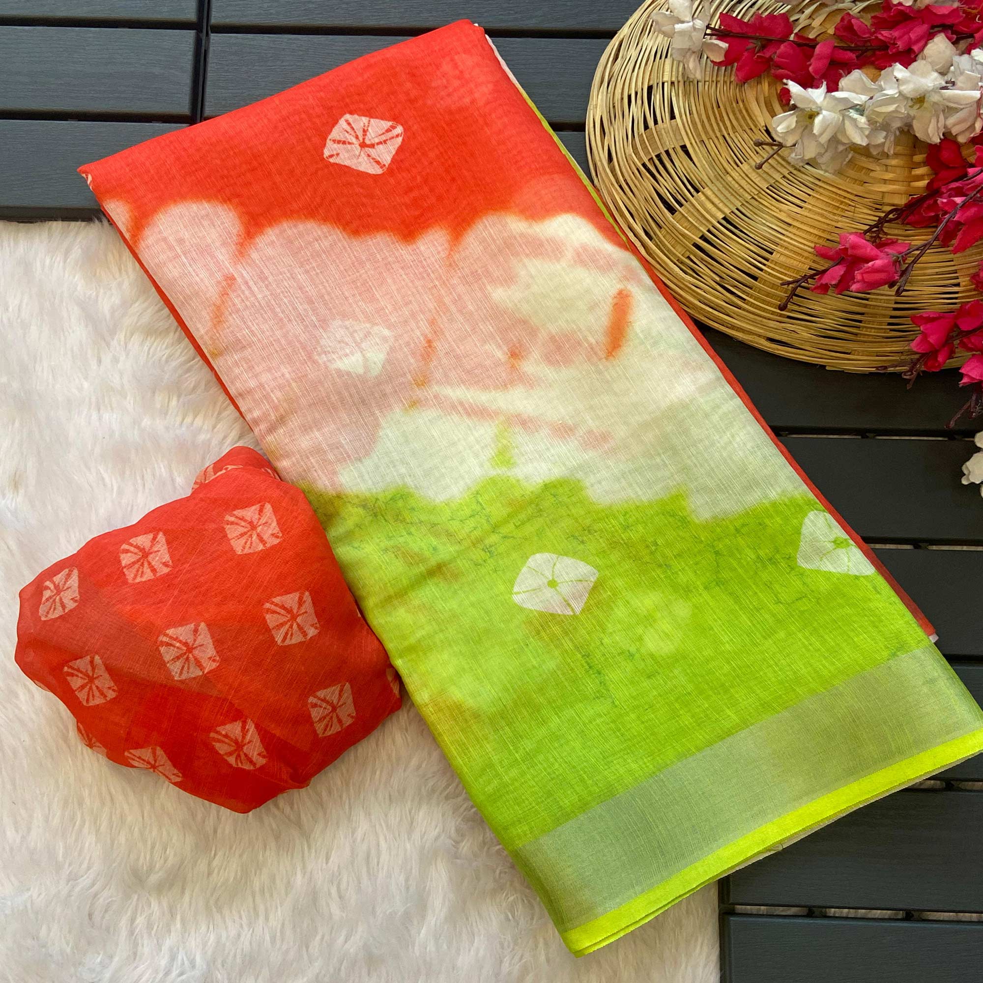 Multicolor Saburi Printed Linen Saree With Zari Border