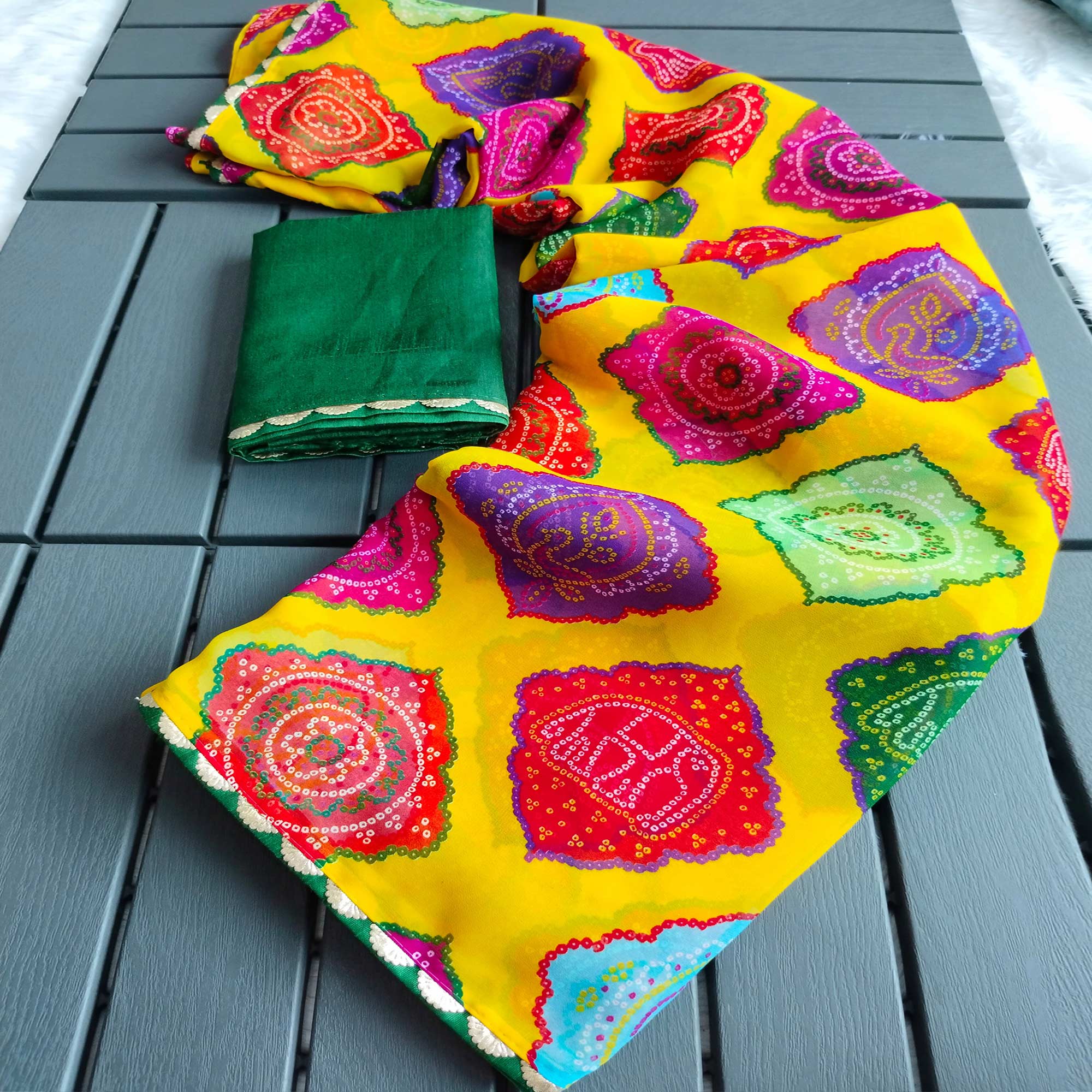 Yellow Georgette Saree with Traditional Bandhani Prints