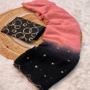 Peach & Black Sequins Embroidered Georgette Saree