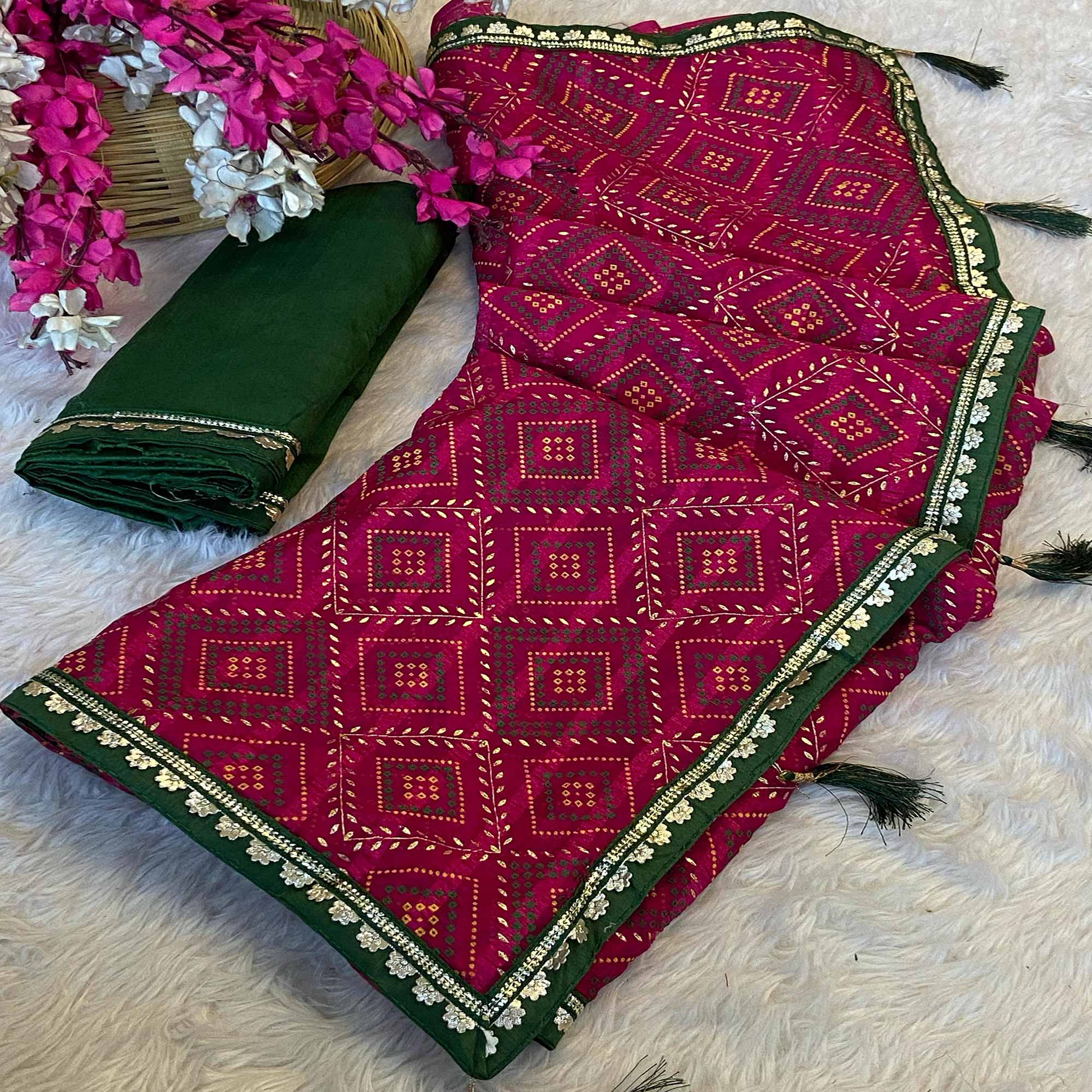 Pink Bandhani Foil Printed Chiffon Saree