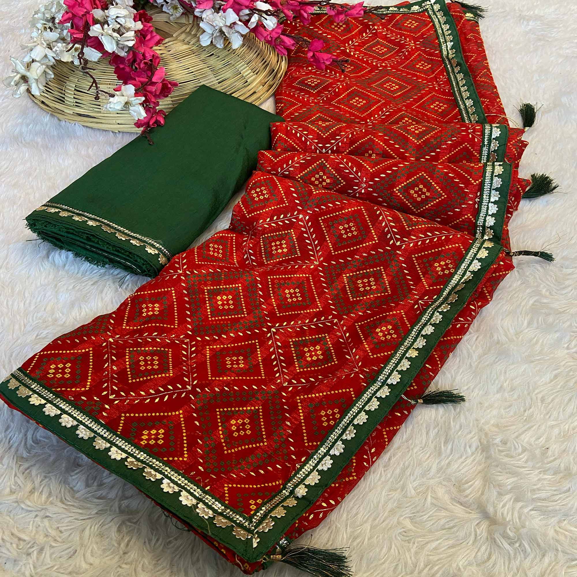 Red Bandhani Foil Printed Chiffon Saree