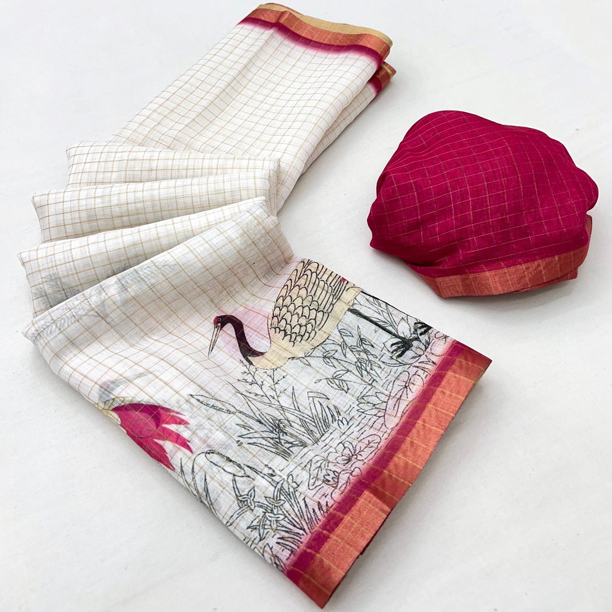 Off White and Pink Checkered Printed Linen Saree with a Breezy Feel