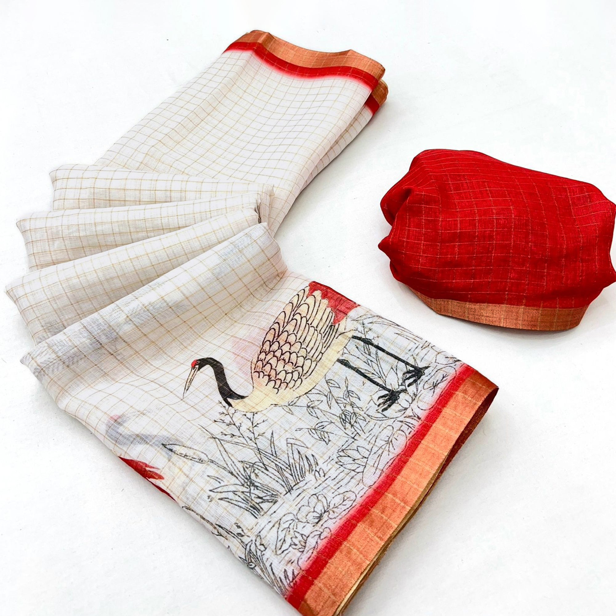 Off White and Red Checkered Printed Linen Saree with a Breezy Feel