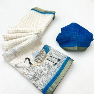 Off White and Blue Checkered Printed Linen Saree with a Breezy Feel