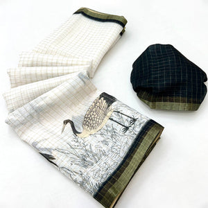 Off White and Black Checkered Printed Linen Saree with a Breezy Feel