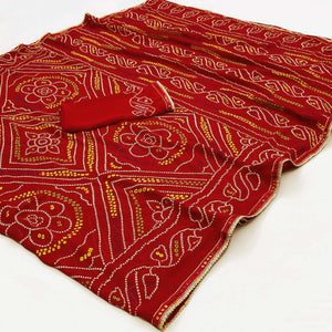 Red Bandhani Printed Georgette Saree
