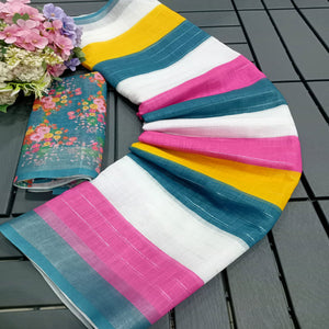 Multicolor Zari Weaving Linen Cotton Saree